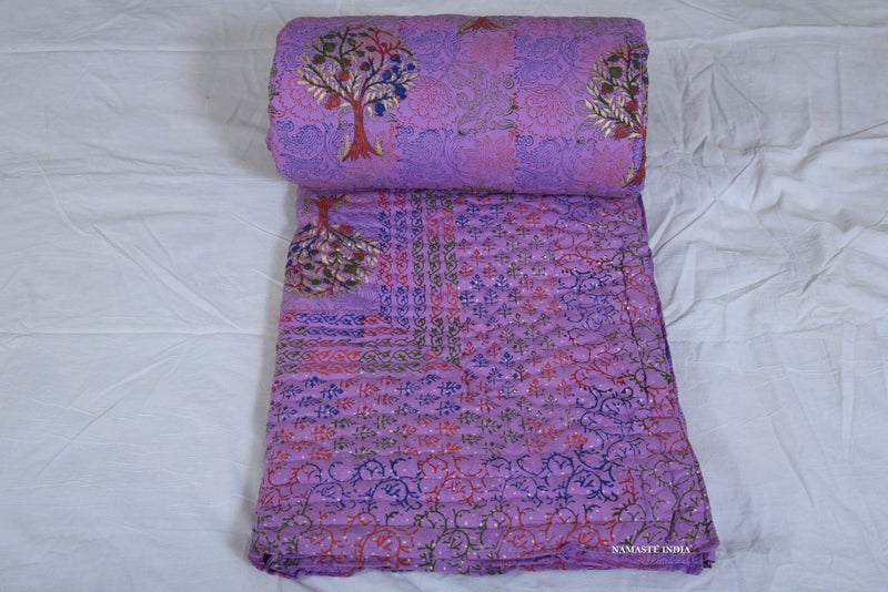 Namaste India Namaste India World Fabulous Tree Design Cotton 50 TC Single Bed Quilt (60X90Inches_Single) (Purple) - Image 2