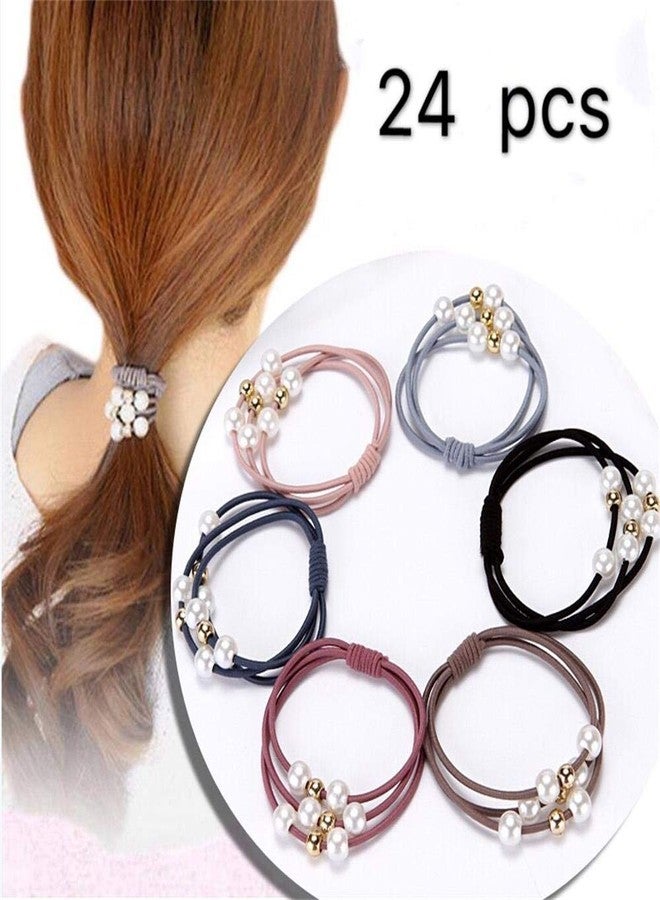 ربطات شعر مطاطية، 24 قطعة من ربطات الشعر المطاطية ثلاثية الوظائف ذات القاعدة اللؤلؤية. ربطات شعر عالية المرونة، سميكة، مانعة للانزلاق، لا تفقد شكلها. - Image 2