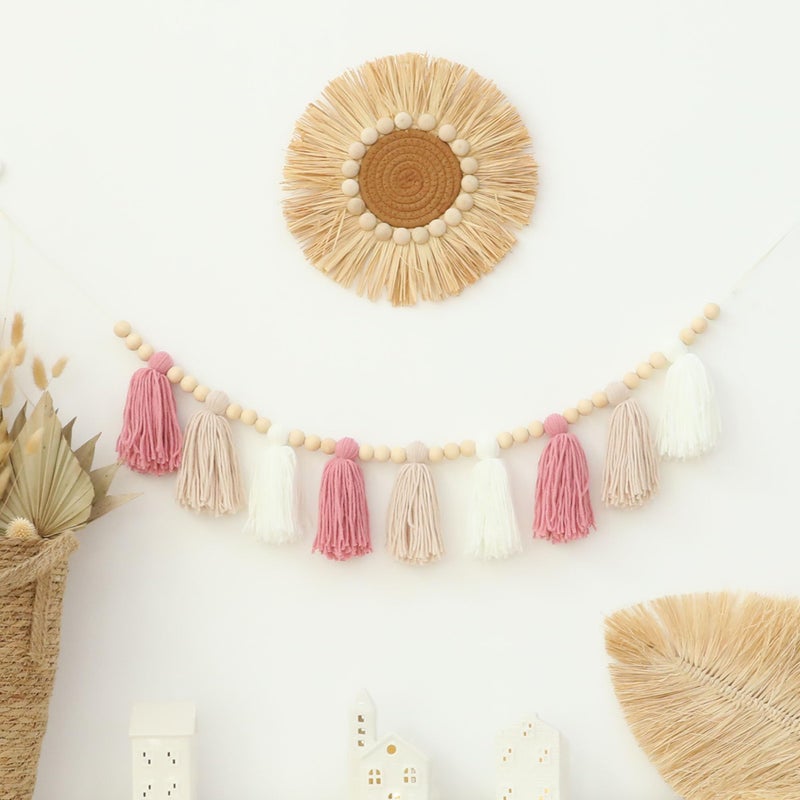 DCJHFJ Boho Yarn Tassel Garland Pink Banner with Wood Beads Wall Hanging for Baby Shower Kids Bedroom Nursey Decor - Image 2