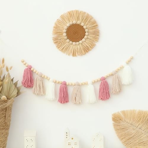 DCJHFJ Boho Yarn Tassel Garland Pink Banner with Wood Beads Wall Hanging for Baby Shower Kids Bedroom Nursey Decor - Image 1