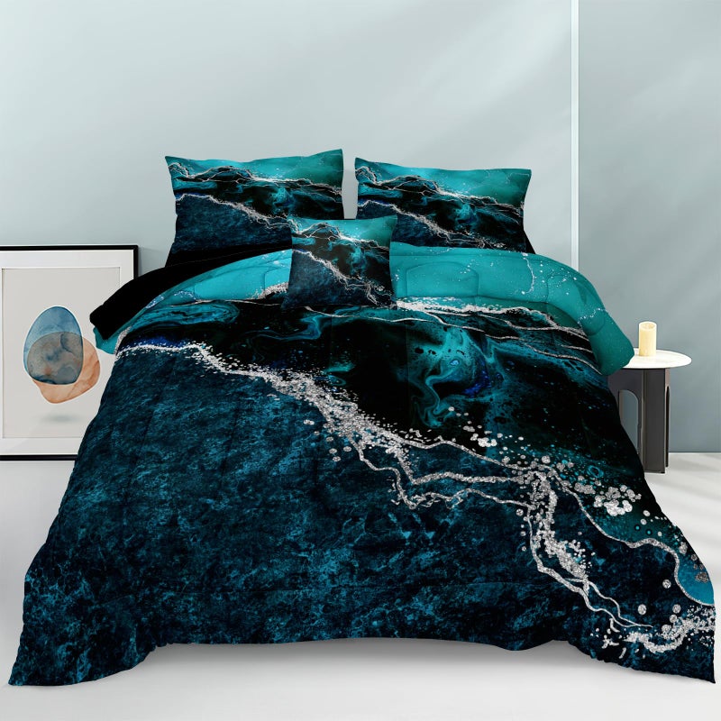 Bedorm Black Marble Comforter King Turquoise Blue Bedding Set 3 Pcs Marble Stone Natural Theme Artwork Abstract Comforter Super Soft Cozy Black Bed in A Bag with Comforter and Sheet Set - Image 1