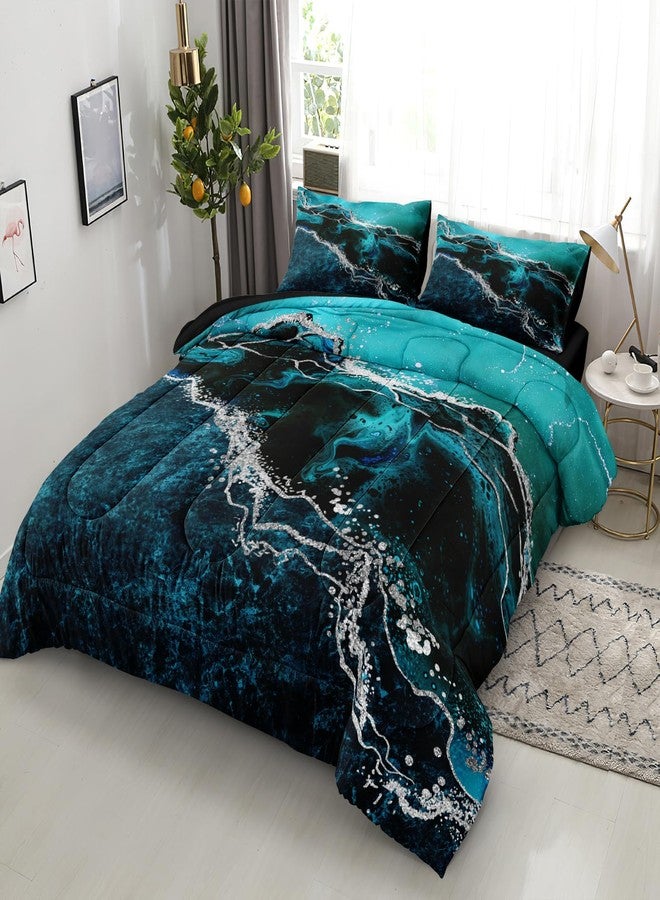 Bedorm Black Marble Comforter King Turquoise Blue Bedding Set 3 Pcs Marble Stone Natural Theme Artwork Abstract Comforter Super Soft Cozy Black Bed in A Bag with Comforter and Sheet Set - Image 5