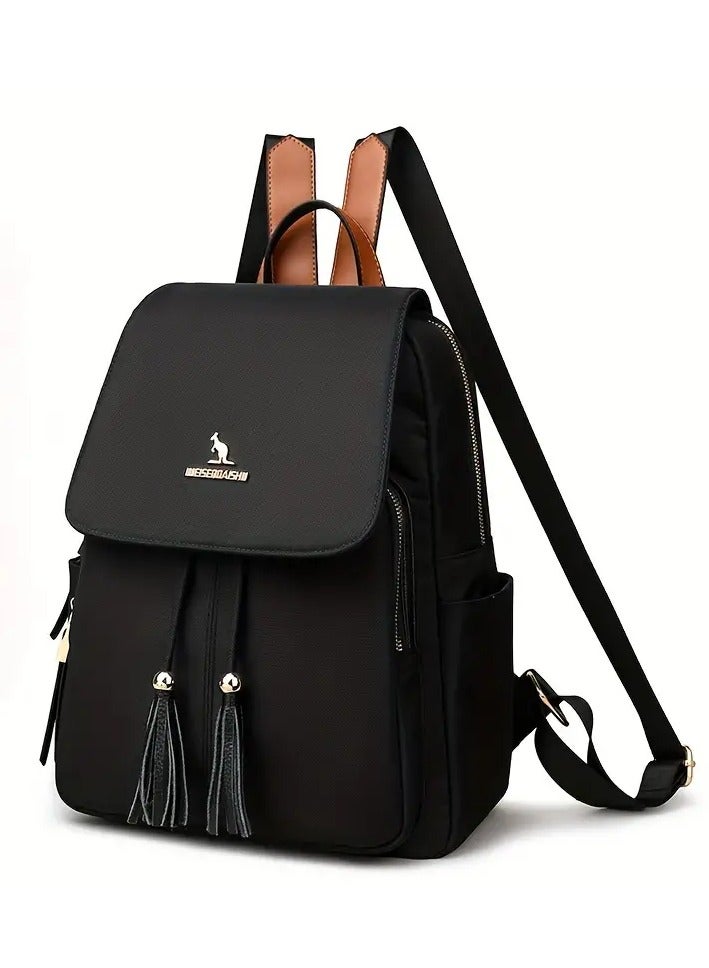 Fashion Practical Solid Black Waterproof Small Backpack Multi-Pocket Tassel Large Capacity Versatile Backpack for Outdoor Travel Daily Commuting  - Image 1