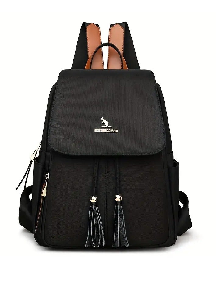 Fashion Practical Solid Black Waterproof Small Backpack Multi-Pocket Tassel Large Capacity Versatile Backpack for Outdoor Travel Daily Commuting  - Image 2