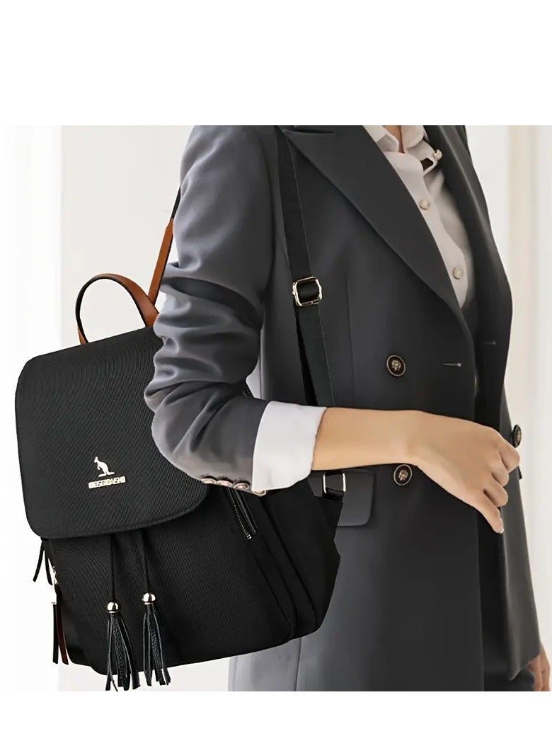 Fashion Practical Solid Black Waterproof Small Backpack Multi-Pocket Tassel Large Capacity Versatile Backpack for Outdoor Travel Daily Commuting  - Image 3