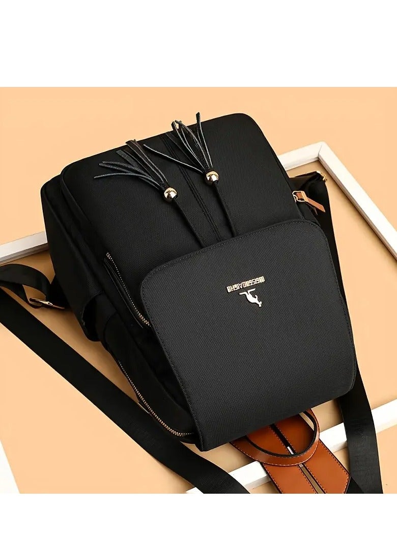 Fashion Practical Solid Black Waterproof Small Backpack Multi-Pocket Tassel Large Capacity Versatile Backpack for Outdoor Travel Daily Commuting  - Image 4