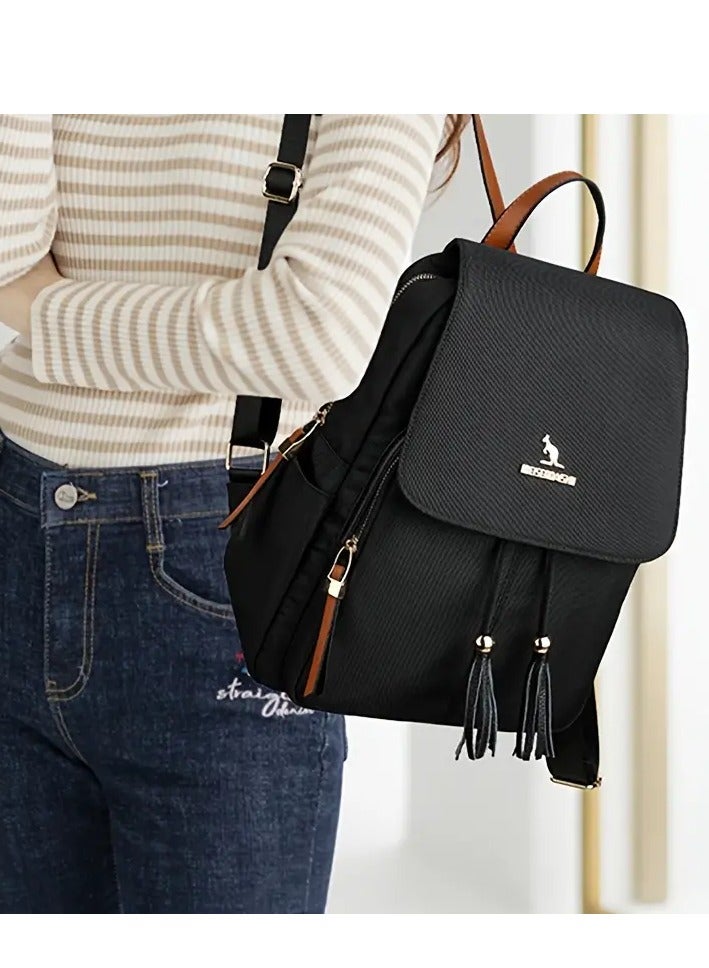 Fashion Practical Solid Black Waterproof Small Backpack Multi-Pocket Tassel Large Capacity Versatile Backpack for Outdoor Travel Daily Commuting  - Image 5