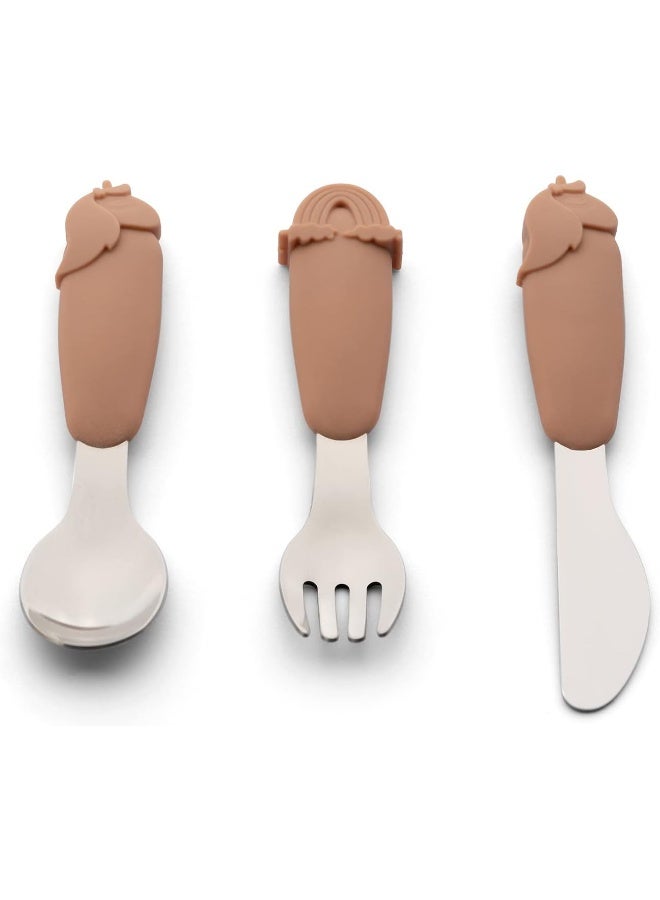 Citron Toddler Cutlery Set, Three Piece Stainless Steel And Silicon Utensil Spoon, Fork And Knife Set, Flatware Cutlery Set For KidsUnicorn Blush Pink - Image 1