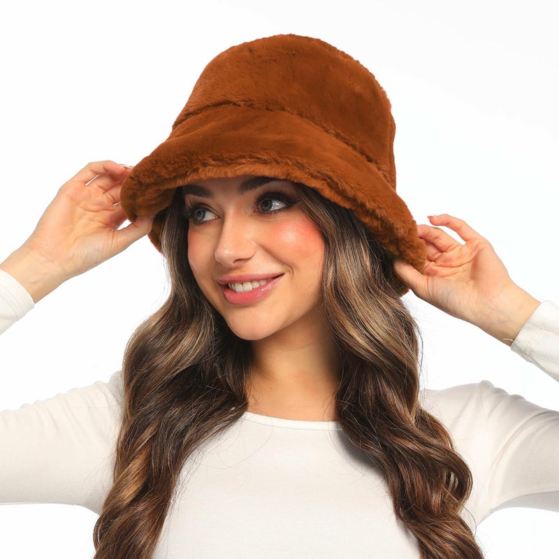 Umeepar قبعة دلو شتوية من أوميبار مصنوعة من الفرو الصناعي الناعم، قبعة دافئة للنساء والرجال (الولايات المتحدة، ألفا، مقاس واحد، كراميل) - Image 3