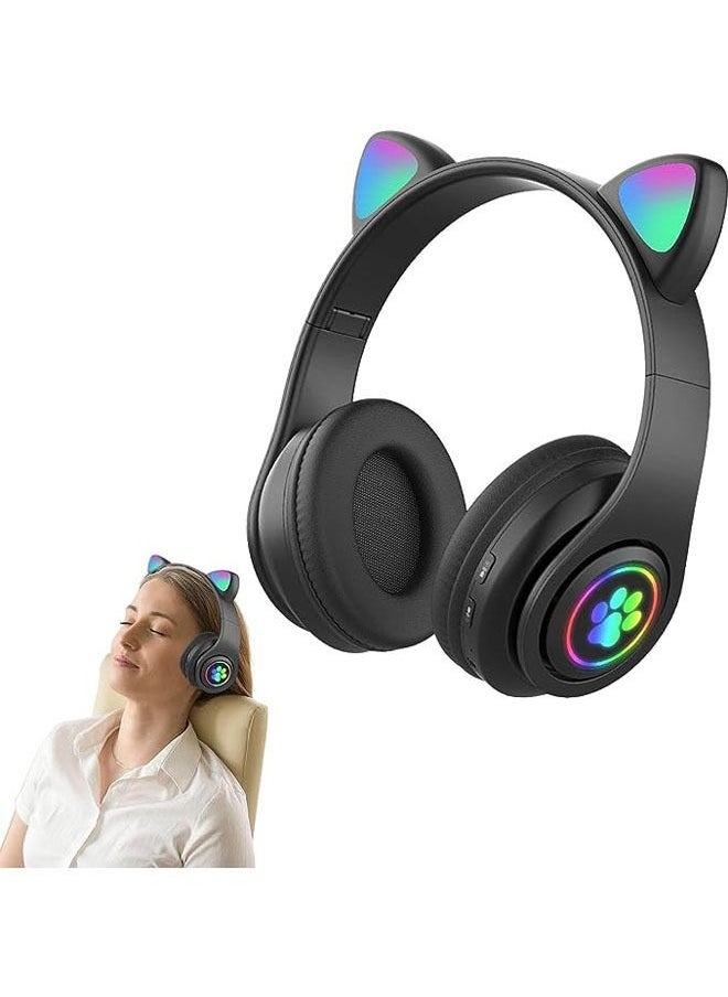 Arabest سماعات أذن لطيفة على شكل قطة للأطفال، سماعة أذن لاسلكية مزودة بإضاءة LED مع أجهزة الكمبيوتر والهواتف وصوت ستيريو قابلة للطي لاسلكية للفتيات والأولاد التعلم عبر الإنترنت  - Image 1