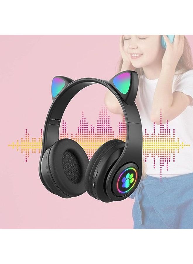 Arabest سماعات أذن لطيفة على شكل قطة للأطفال، سماعة أذن لاسلكية مزودة بإضاءة LED مع أجهزة الكمبيوتر والهواتف وصوت ستيريو قابلة للطي لاسلكية للفتيات والأولاد التعلم عبر الإنترنت  - Image 4