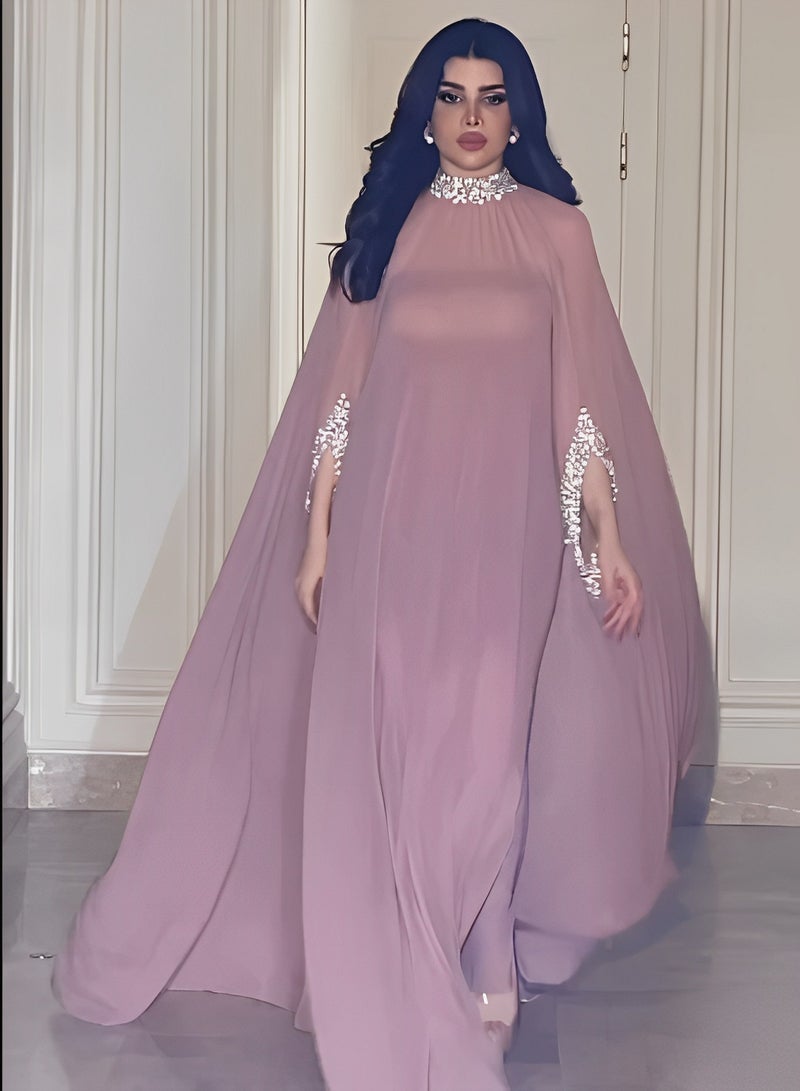 REOCLE Women's Cape Sequined Chiffon Evening Dress 2 Piece Set Long Dress with a Half Sleeve & Embroidered with Shiny Beads Banquet Dress - Image 3