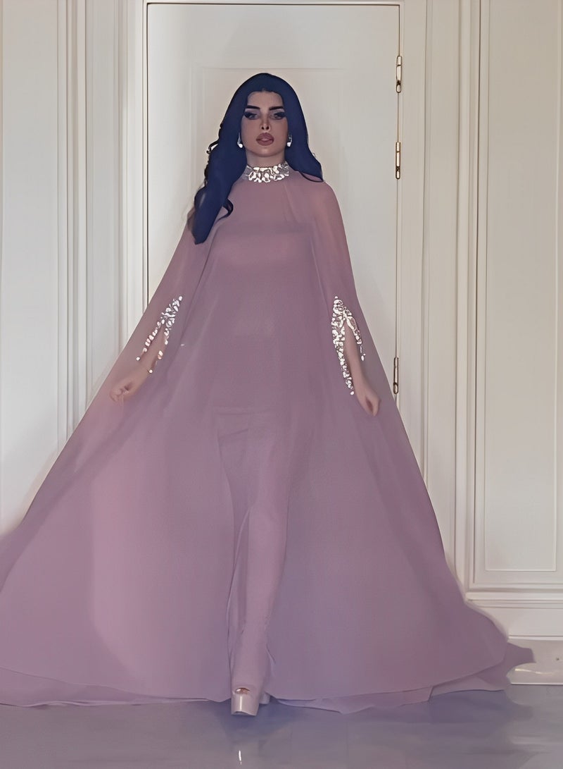 REOCLE Women's Cape Sequined Chiffon Evening Dress 2 Piece Set Long Dress with a Half Sleeve & Embroidered with Shiny Beads Banquet Dress - Image 4