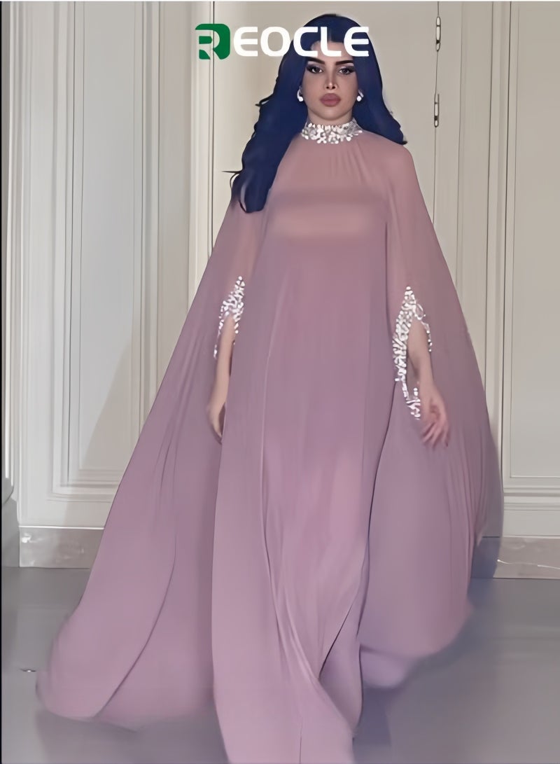 REOCLE Women's Cape Sequined Chiffon Evening Dress 2 Piece Set Long Dress with a Half Sleeve & Embroidered with Shiny Beads Banquet Dress - Image 1