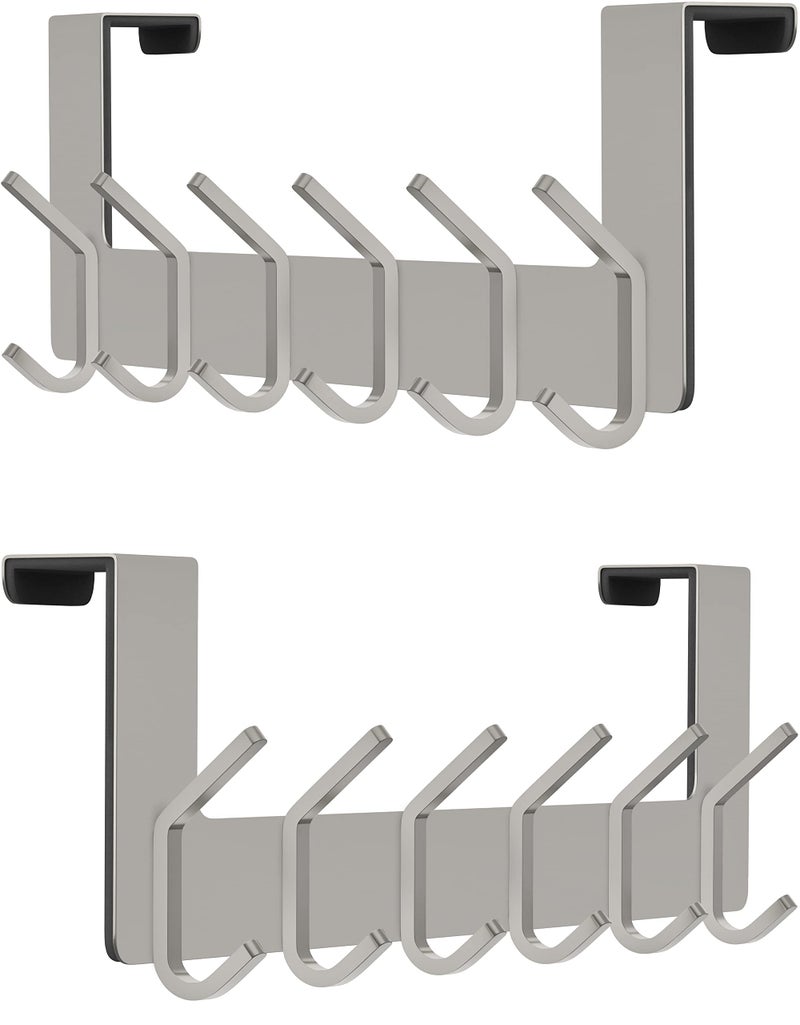 SAYONEYES Brushed Nickel Over The Door Hooks, Heavy Duty Stainless Steel Door Hanger with 6 Double Hooks for Hanging Towels, Coats, Robes, Hats, Bags, No Drill Over Door Towel Rack for Bathroom, Bedroom, 2 Pack - Image 1