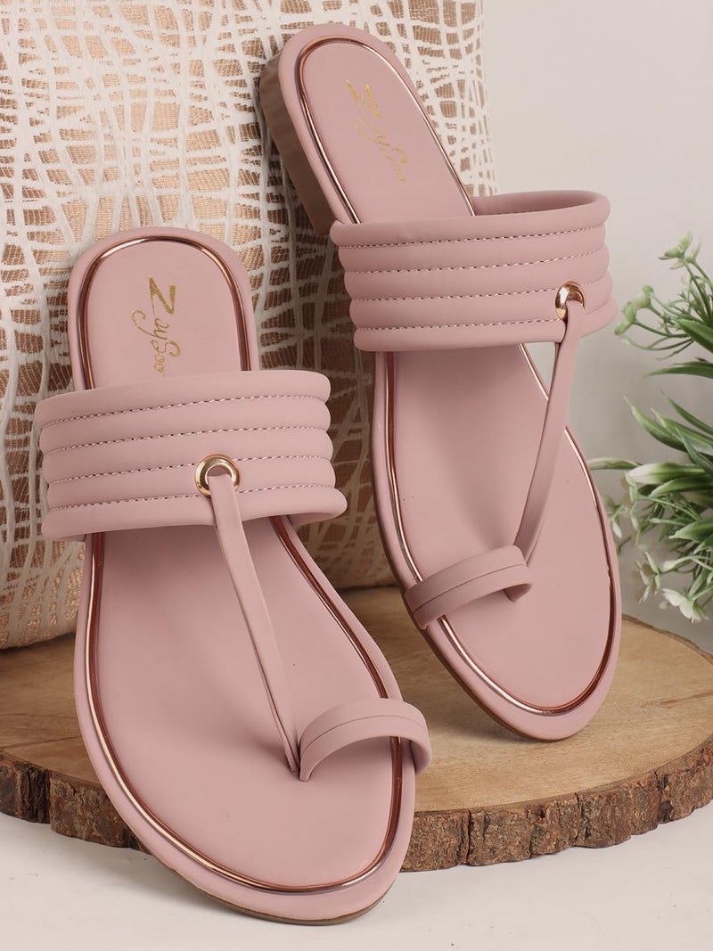 ZaySoo Women's Toe Ring Flat Sandals Outdoors Flat Sandals Toe Ring Slip on Open Toe Slide Sandals (Pink, UK Footwear Size System, Adult, Women, Numeric, Medium, 5) - Image 3