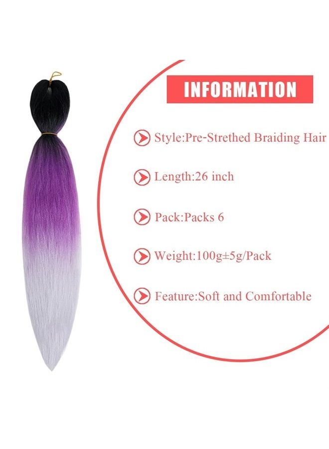 Phoenixfly Pre Stretched Braiding Hair Extensions 26 Inch 6 Pcs Phoenixfly Omber Braiding Hair Professional Crochet Braiding Hair for Box Braids Senegal Twist Hair Extensions(Black/Purple/Gray) - Image 3