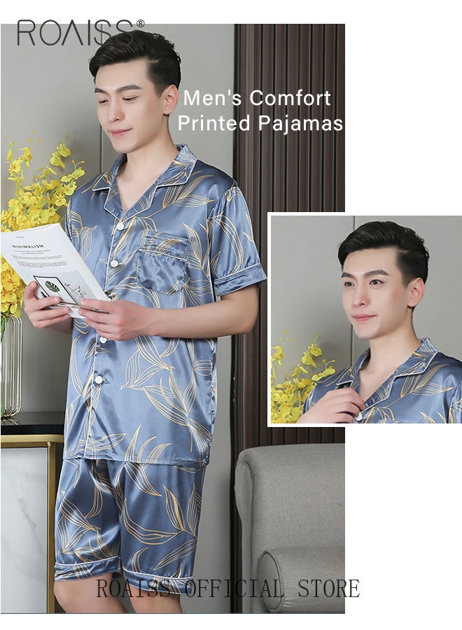 roaiss 2 Piece Set Men Short Sleeves Pajamas Pants Sleepwear Sets Satin Leaf Printing Silk Nightgown Male Loose Shirts Spring Summer Thin Loungewear Home Clothes  - Image 2