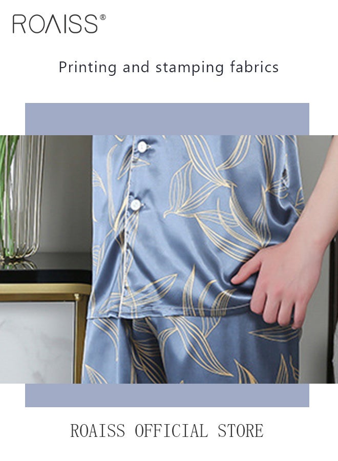 roaiss 2 Piece Set Men Short Sleeves Pajamas Pants Sleepwear Sets Satin Leaf Printing Silk Nightgown Male Loose Shirts Spring Summer Thin Loungewear Home Clothes  - Image 5