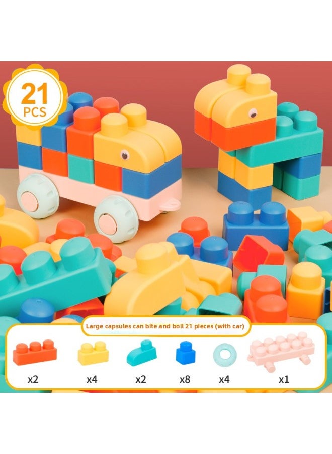 Children's Soft Rubber Building Blocks Maternal And Infant Puzzle And Brain Toys Large Particle Varied Assembled Building Blocks Baby Men And Women DIY-Color:Large Particles Can Bite 21 Pieces (with Car)  - Image 1