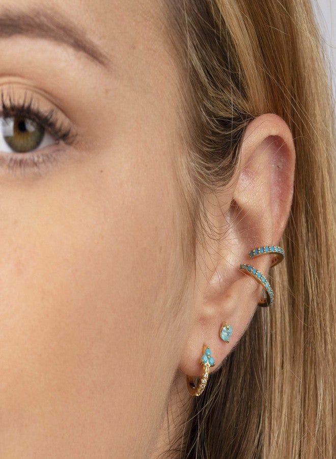 ميفيكو أقراط MEVECCO الذهبية الحلقية، مطلية بالذهب عيار 18 قيراط، مرصعة بزهرة من الفيروز والزركونيا المكعبة، أقراط بسيطة مصنوعة يدويًا للنساء - Image 2