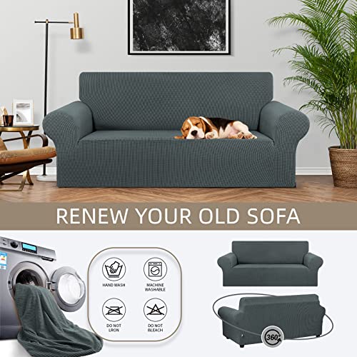 KEKUOU Stretch Loveseat Sofa Cover Slipcover,Couch Covers for 2 Cushion Couch Sofa (55"-78") Furniture Protector Sofa with Elastic Bottom for Kids,Dog. Jacquard Small Checked (Medium,Grey) - Image 3