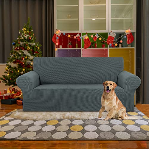 KEKUOU Stretch Loveseat Sofa Cover Slipcover,Couch Covers for 2 Cushion Couch Sofa (55"-78") Furniture Protector Sofa with Elastic Bottom for Kids,Dog. Jacquard Small Checked (Medium,Grey) - Image 2
