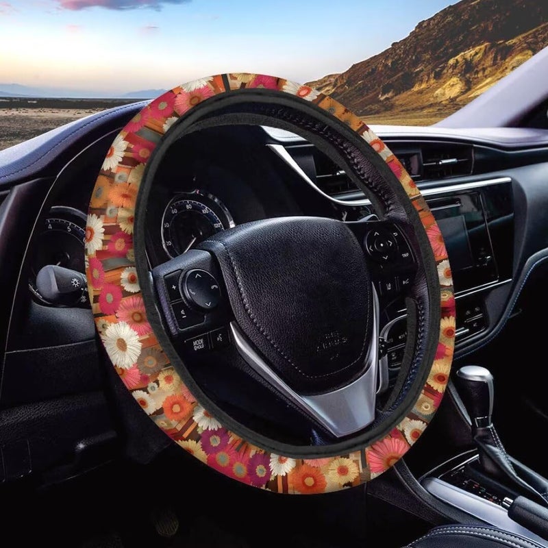 Car Steering Wheel Cover for Women and Men,Non-Slip Breathable Steering Wheel,Universal 14.5"-15" Fit for Cars and SUVs(Red Oil Painting Daisies) - Image 1