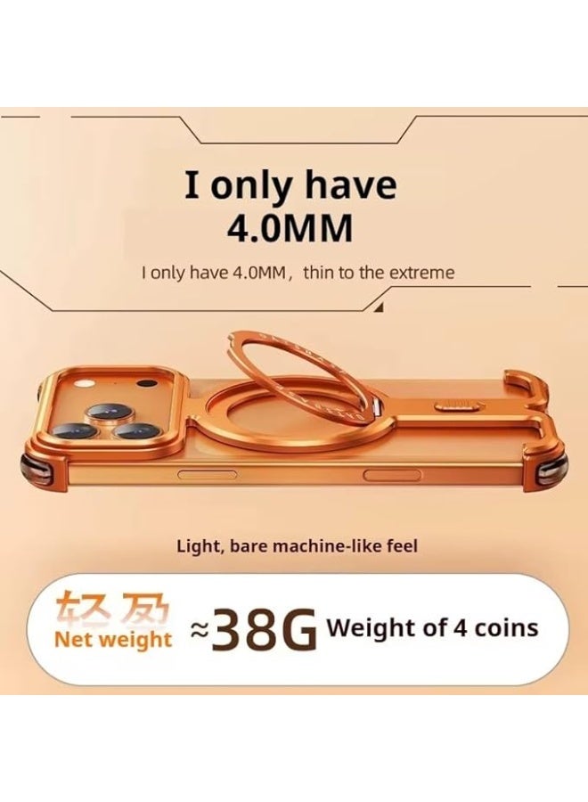 OATSBASF iPhone 17 Pro Orange Case with 360° Rotation Kickstand | Aluminum Metal Frameless Bumper Z Case | Shockproof Protective Cover - Image 2