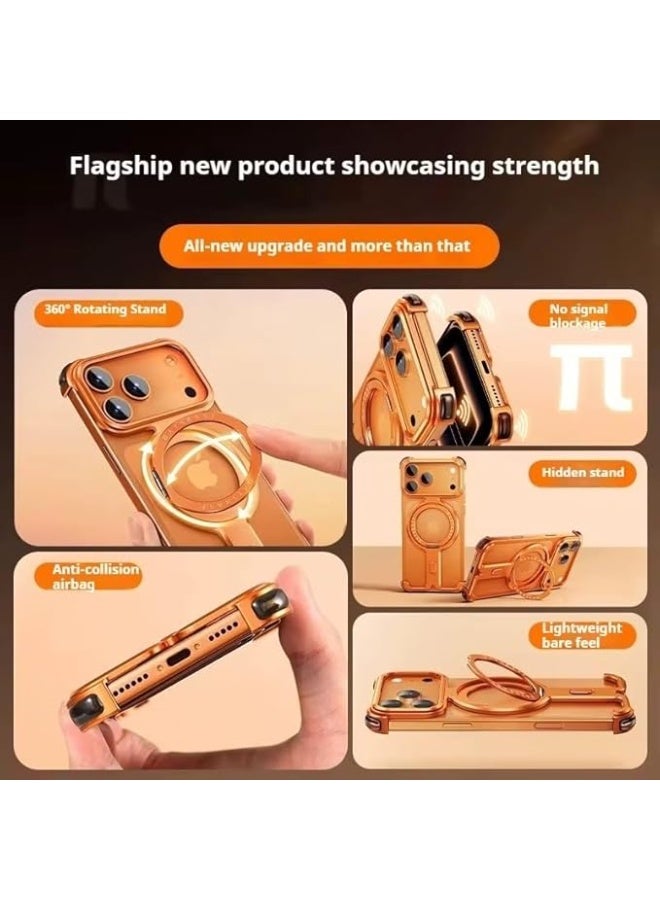 OATSBASF iPhone 17 Pro Orange Case with 360° Rotation Kickstand | Aluminum Metal Frameless Bumper Z Case | Shockproof Protective Cover - Image 5