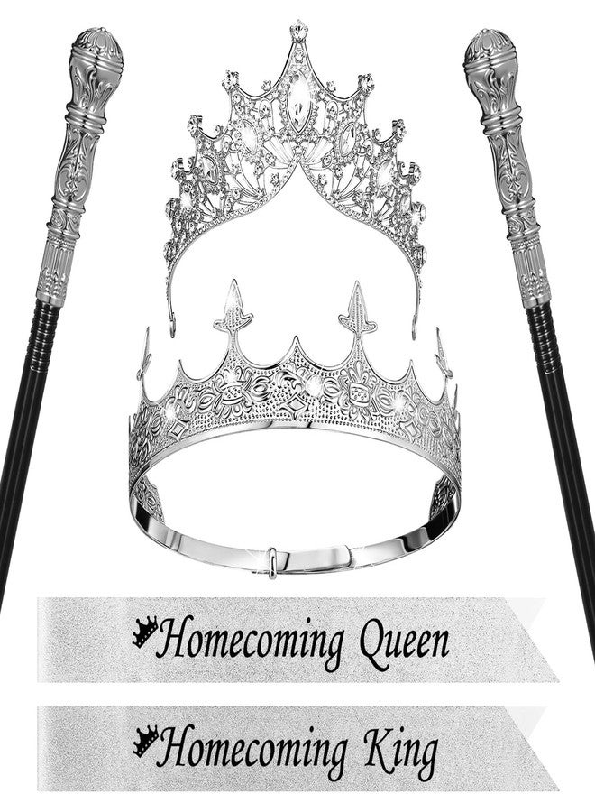Ferreve 6 Pcs Homecoming King Queen Crown Glitter Sash Scepter Wand Homecoming Crystal Tiara Ribbon Costume Set for Party(Sliver) - Image 1