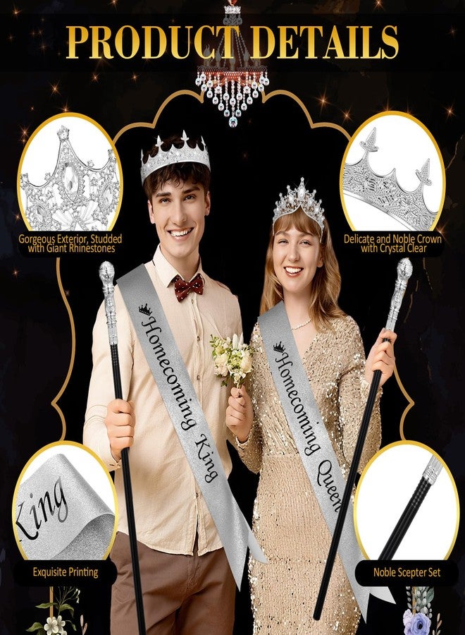 Ferreve 6 Pcs Homecoming King Queen Crown Glitter Sash Scepter Wand Homecoming Crystal Tiara Ribbon Costume Set for Party(Sliver) - Image 3