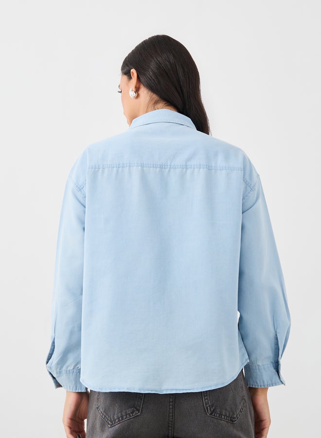 Styli Solid Dropped Shoulder Oversized Denim Shirt  - Image 4
