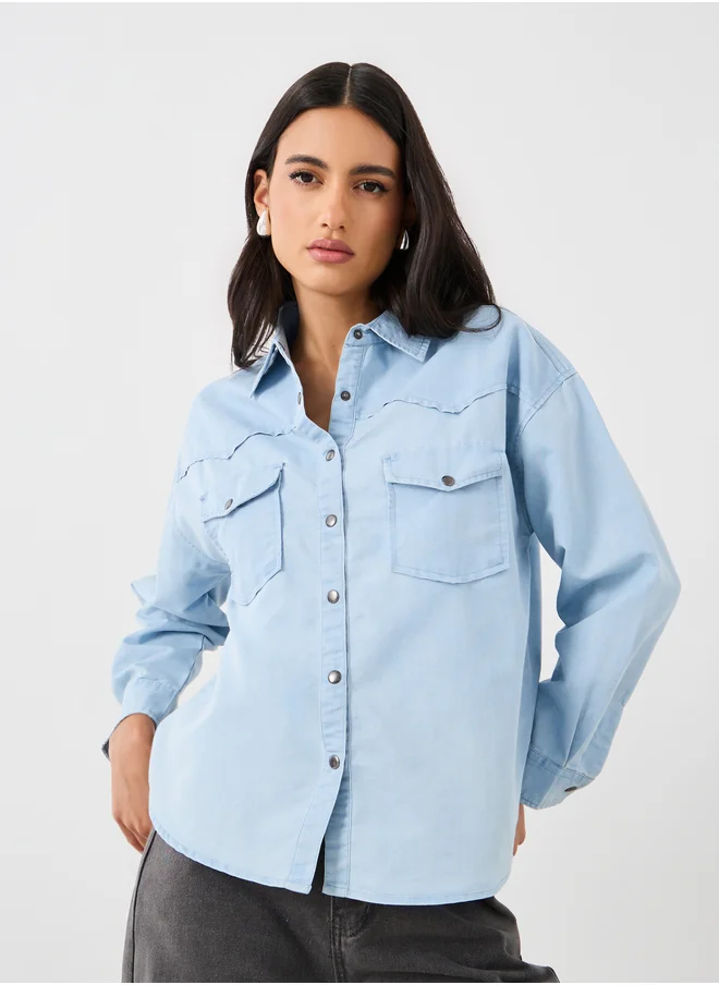 Styli Solid Dropped Shoulder Oversized Denim Shirt