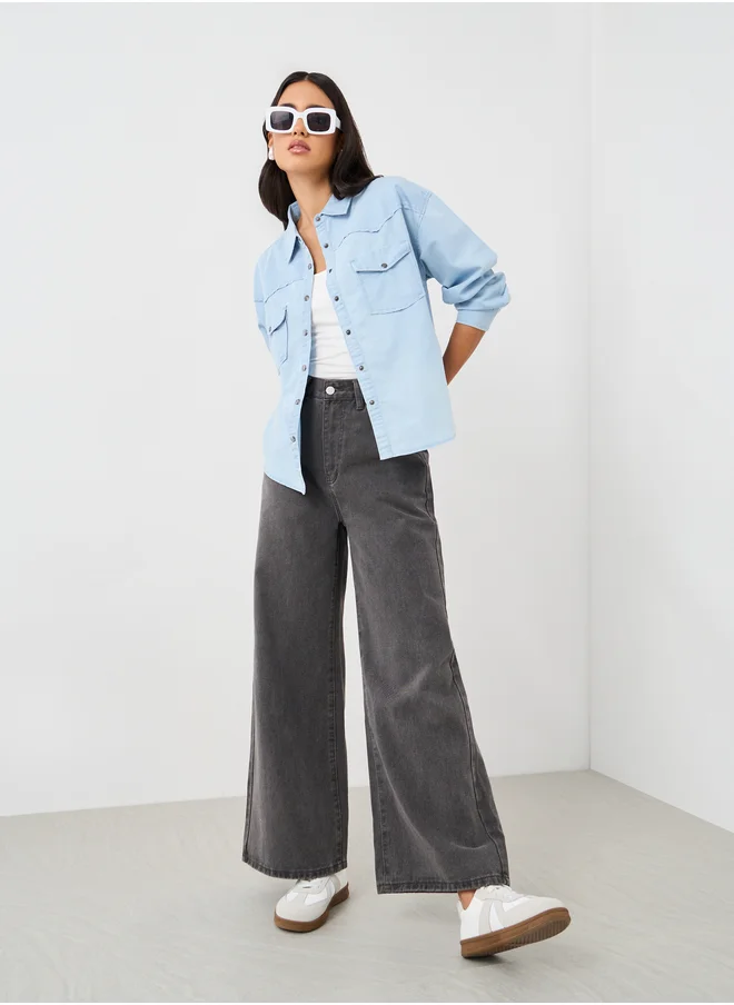 Styli Solid Dropped Shoulder Oversized Denim Shirt