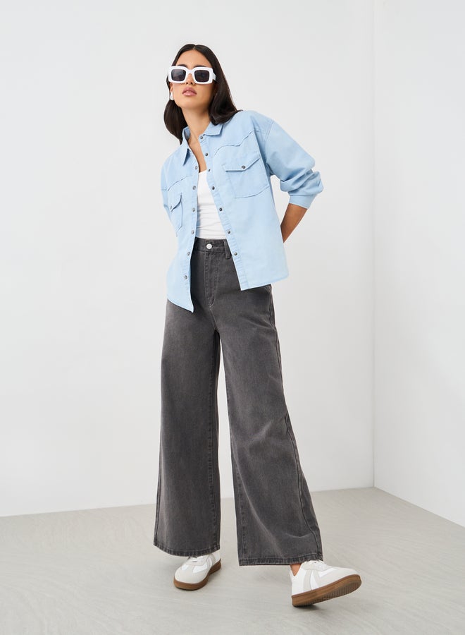 Styli Solid Dropped Shoulder Oversized Denim Shirt  - Image 2