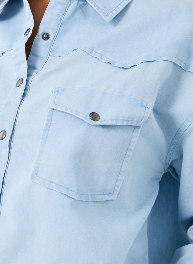 Styli Solid Dropped Shoulder Oversized Denim Shirt  - Image 3