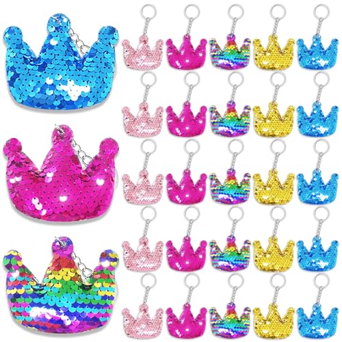 CiciBear 25 Pack Crown Sequin Keychains for Gold Themed Party Favors Kids and Adults Birthday Gift Baby Shower Crown Princess Prince King Queen Party 5 Colors Small - Image 1