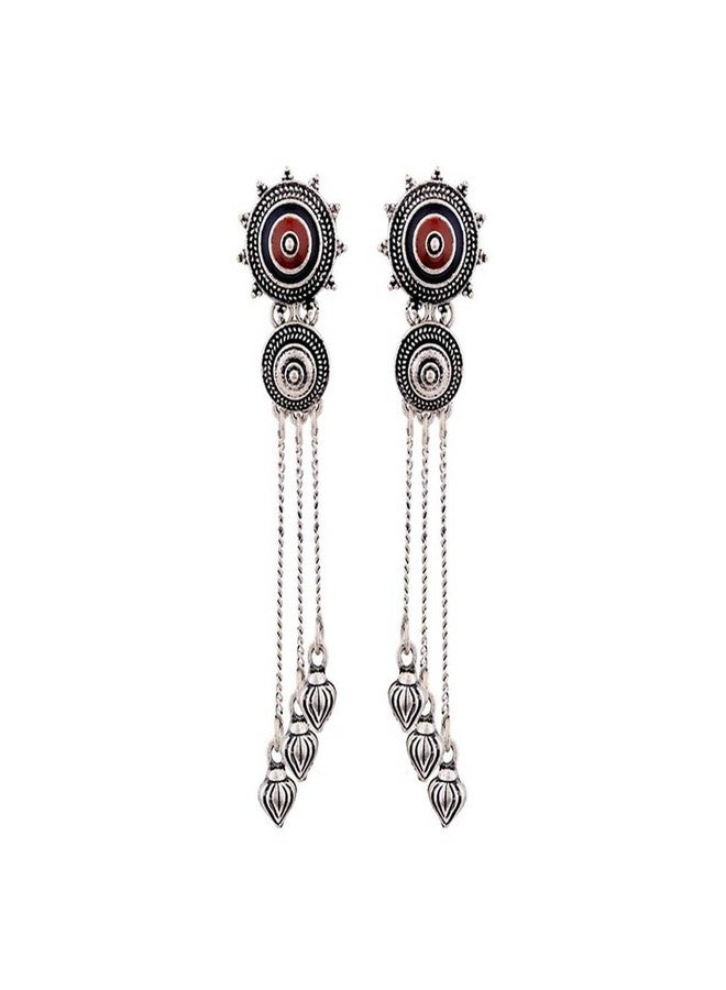 Voylla Ethnic Oxidised Silver Plating Brass Enamelled Embellished Oxidized Mandala Design Tassels Round shaped Dangle & Drop Earrings for Women and Girls - Image 1