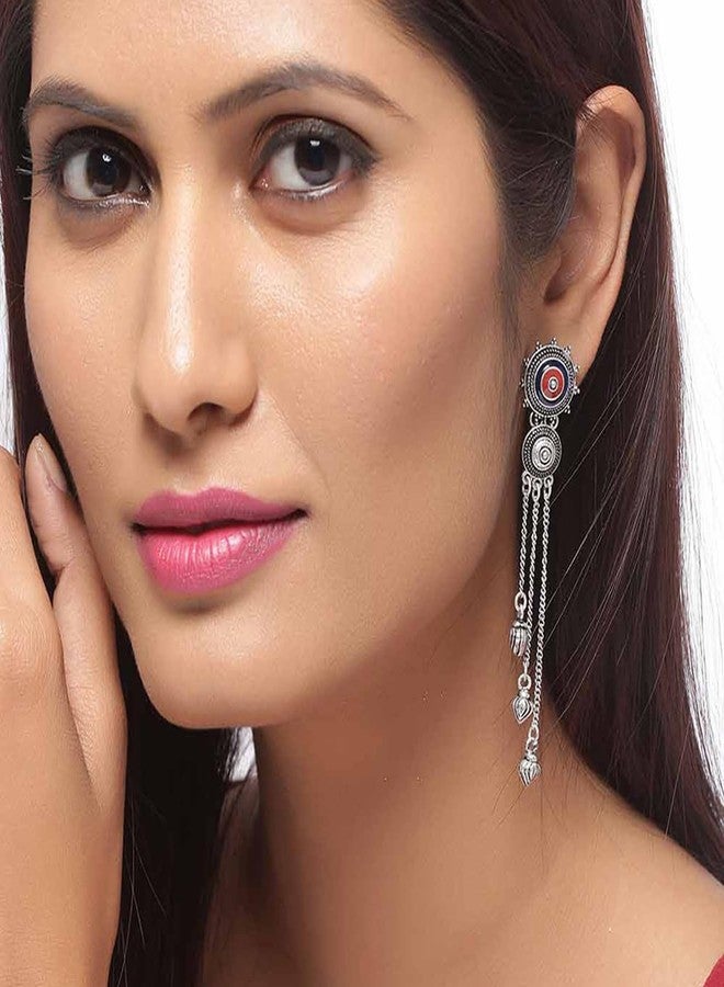Voylla Ethnic Oxidised Silver Plating Brass Enamelled Embellished Oxidized Mandala Design Tassels Round shaped Dangle & Drop Earrings for Women and Girls - Image 3