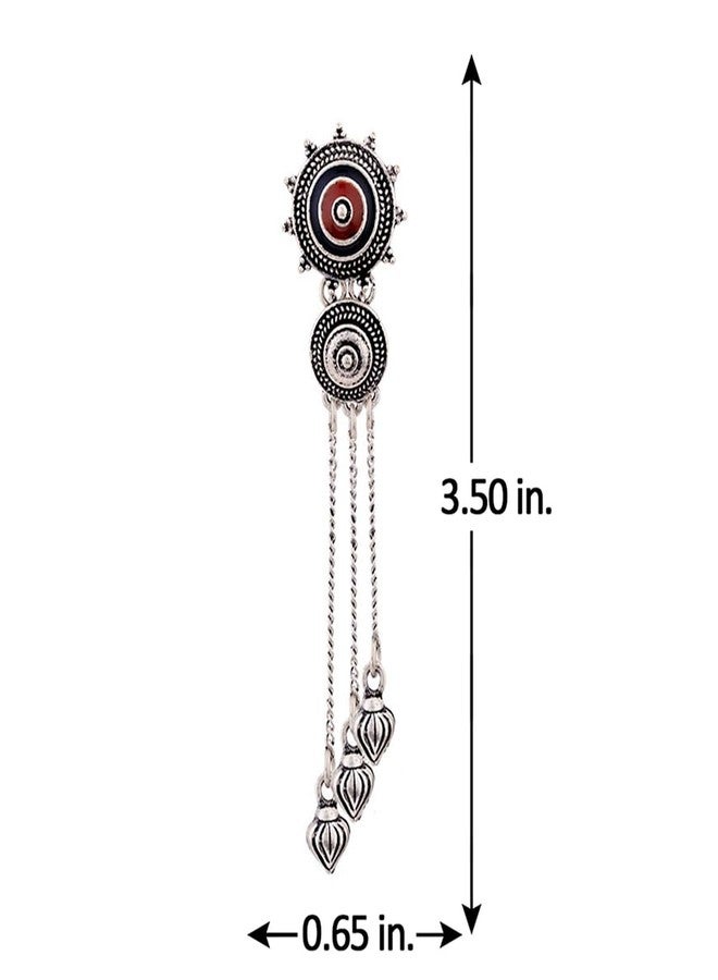 Voylla Ethnic Oxidised Silver Plating Brass Enamelled Embellished Oxidized Mandala Design Tassels Round shaped Dangle & Drop Earrings for Women and Girls - Image 5