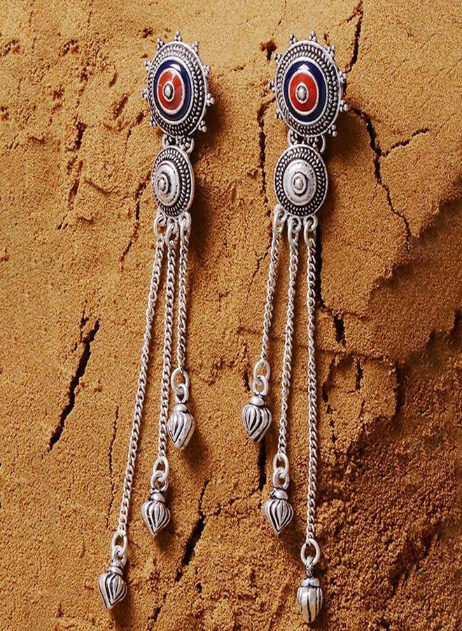Voylla Ethnic Oxidised Silver Plating Brass Enamelled Embellished Oxidized Mandala Design Tassels Round shaped Dangle & Drop Earrings for Women and Girls - Image 2