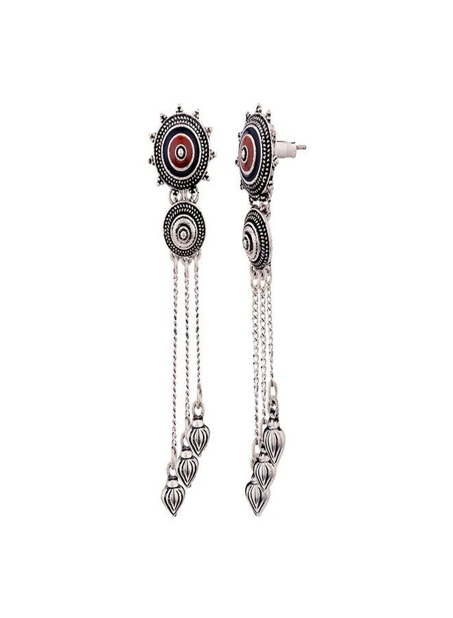 Voylla Ethnic Oxidised Silver Plating Brass Enamelled Embellished Oxidized Mandala Design Tassels Round shaped Dangle & Drop Earrings for Women and Girls - Image 4