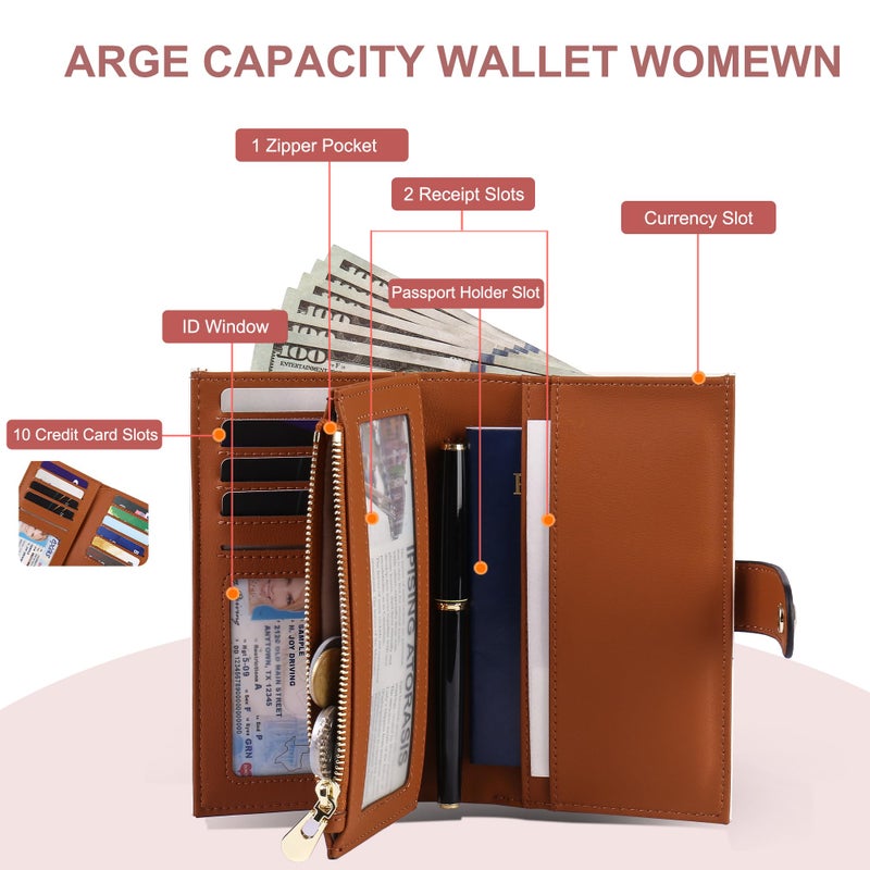 yiijay Women's Wallets RFID Blocking Leather Trifold Clutch Wallet Credit Card Holder Ladies Travel Wallet Purse with Pen Holder - Image 2