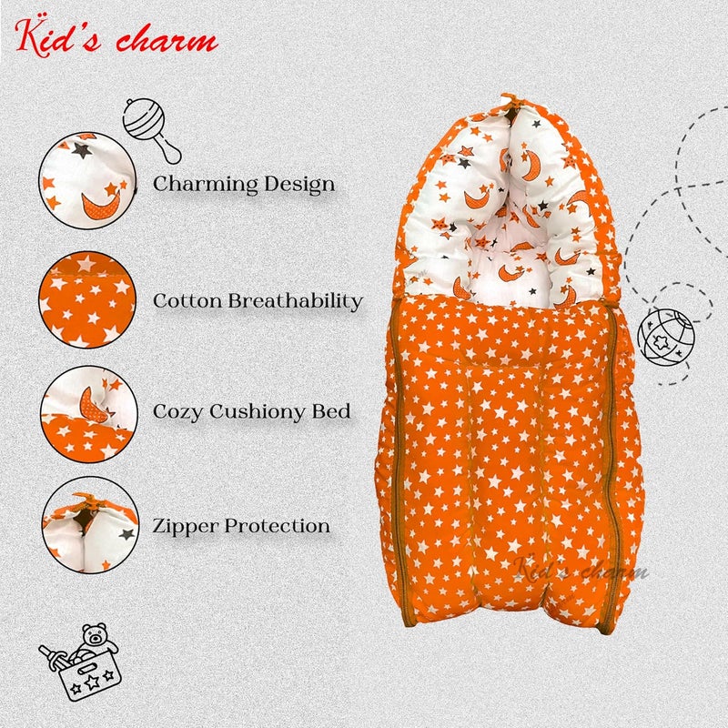 Kid's Charm Kids Charm MoonStar 3 in 1 Babys Cotton Bed Cum Carry Bed Printed Baby Sleeping BagBaby BedInfant Portable for Unisex Easily Portable Light Weight to Carry for New Born 04 Months Old Orange - Image 4