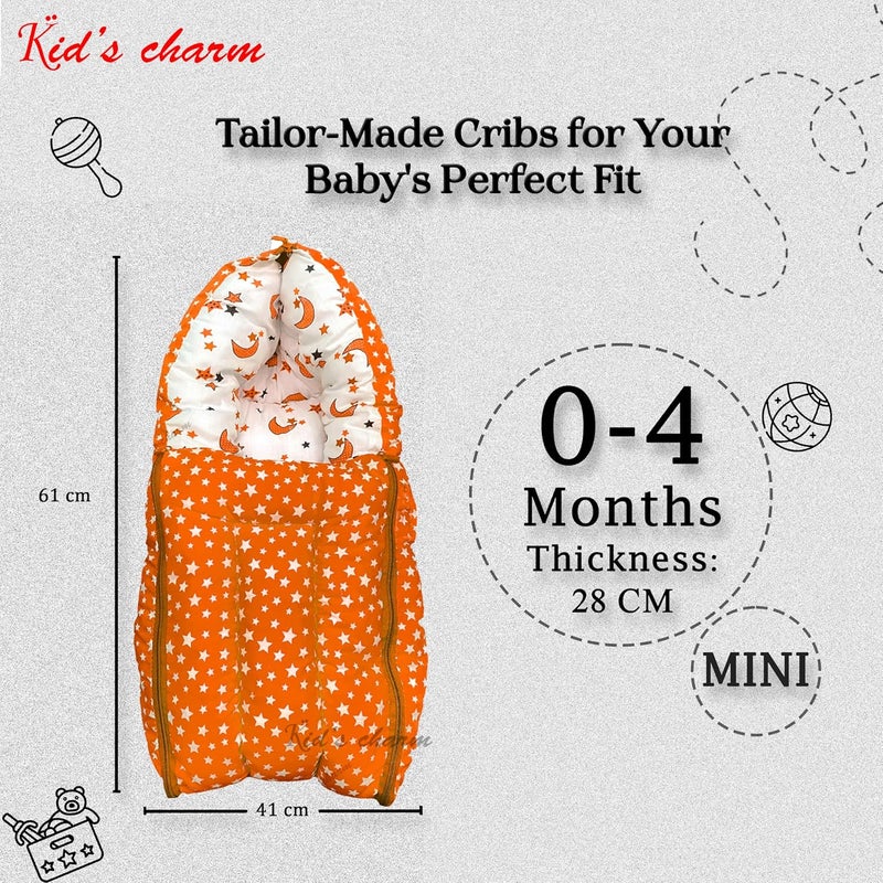 Kid's Charm Kids Charm MoonStar 3 in 1 Babys Cotton Bed Cum Carry Bed Printed Baby Sleeping BagBaby BedInfant Portable for Unisex Easily Portable Light Weight to Carry for New Born 04 Months Old Orange - Image 2