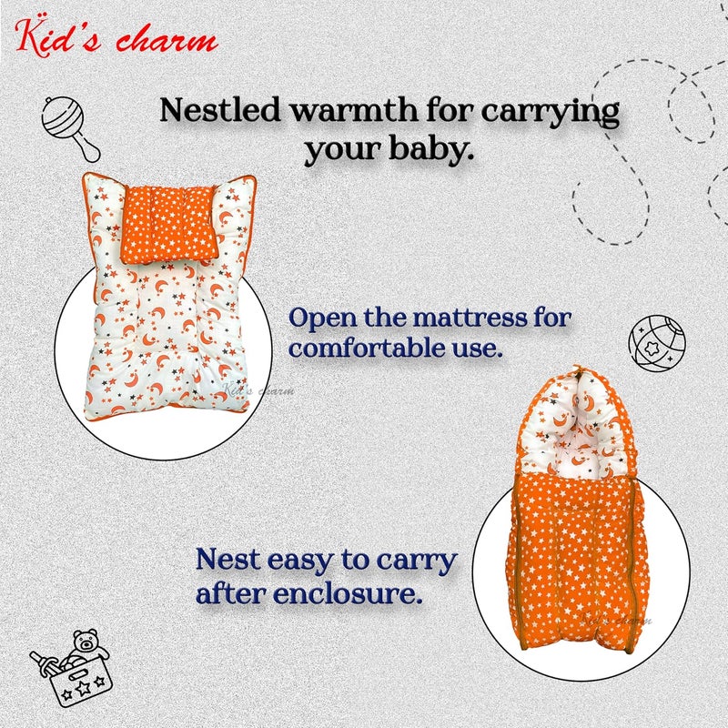 Kid's Charm Kids Charm MoonStar 3 in 1 Babys Cotton Bed Cum Carry Bed Printed Baby Sleeping BagBaby BedInfant Portable for Unisex Easily Portable Light Weight to Carry for New Born 04 Months Old Orange - Image 3