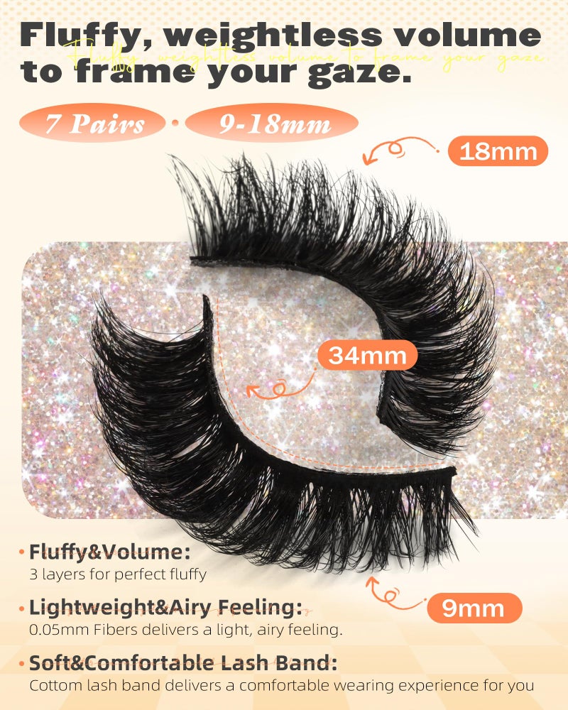 Boahankuke False Eyelashes Mink Lashes Full 18MM Cat Eye Lashes D Curvature Wispy Fake Lashes 8D Natural Strip Lashes Volume Lightweight Lashes Pack with Soft Cotton Band,7 Pairs - Image 2