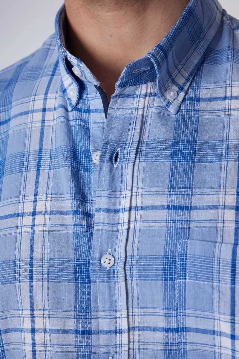 Tudors Classic Fit Short Sleeve Button Collar Single Pocket Checked Summer Linen Effect Men's Shirt