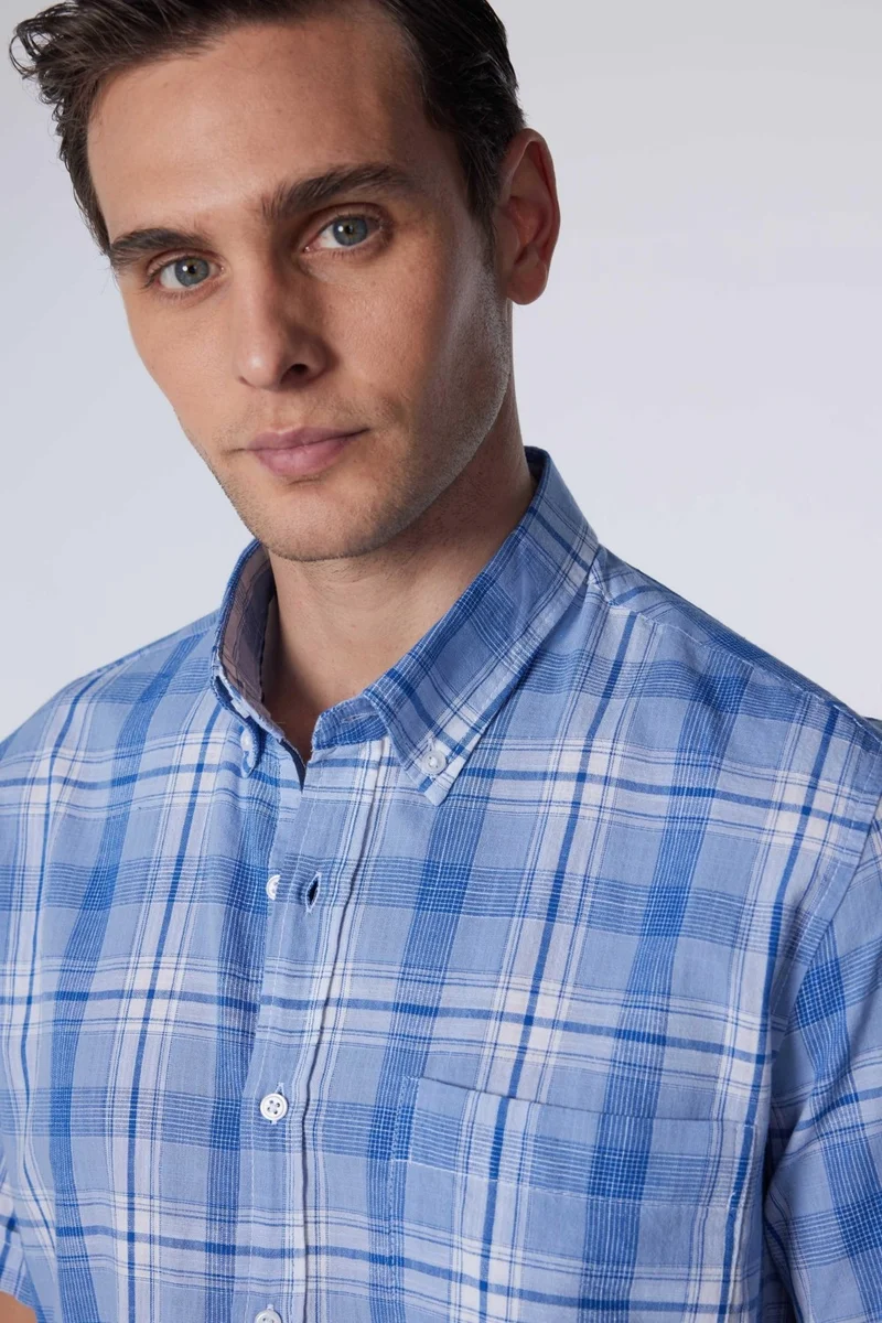 Tudors Classic Fit Short Sleeve Button Collar Single Pocket Checked Summer Linen Effect Men's Shirt
